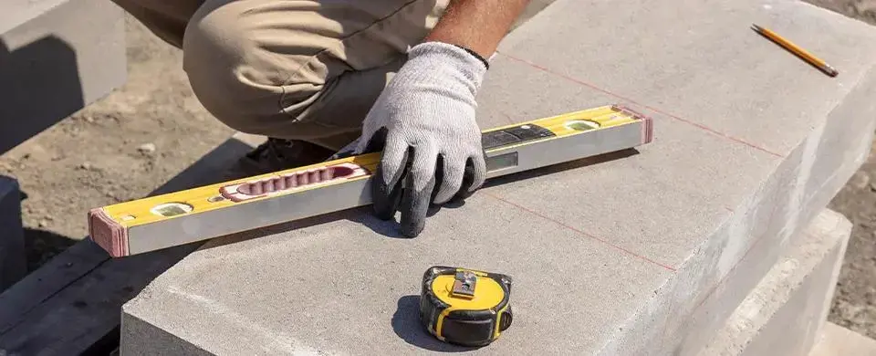 Close-up of a contractor using a level to align concrete blocks on a construction site—
highlighting Techo-Bloc’s Techo-Pro Program.